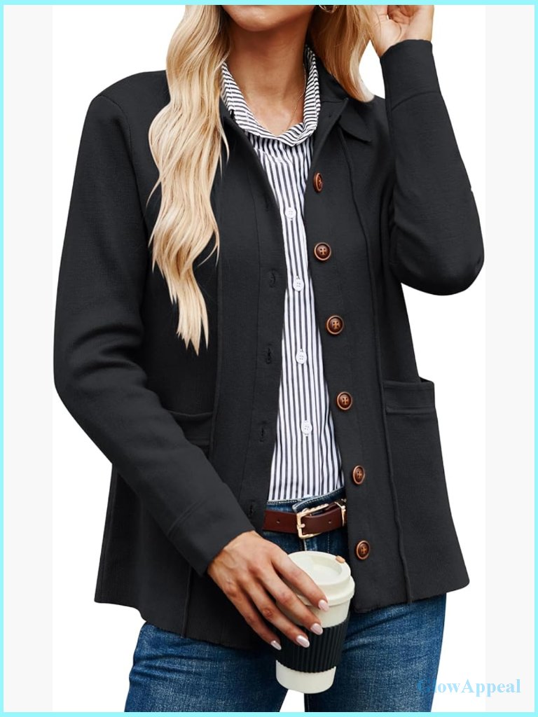 Women's Knit Cardigan Button Down Blazer Long Sleeve Jacket With Pockets